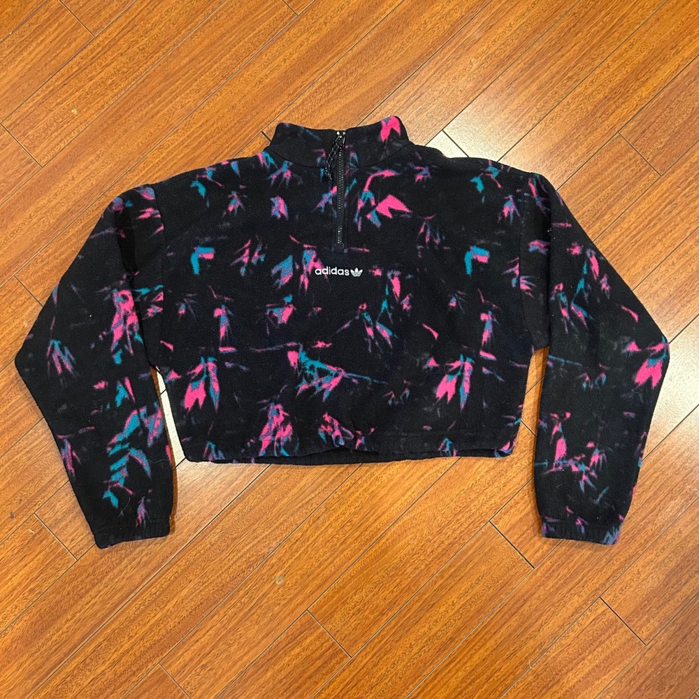 Adidas Originals Women M Cropped Fleece Quarter Zip Pullover Pink Teal Abstract
